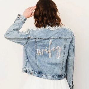 Heirloom Bridal Co. Cluster Pearl Beaded "Wifey" Denim Jacket